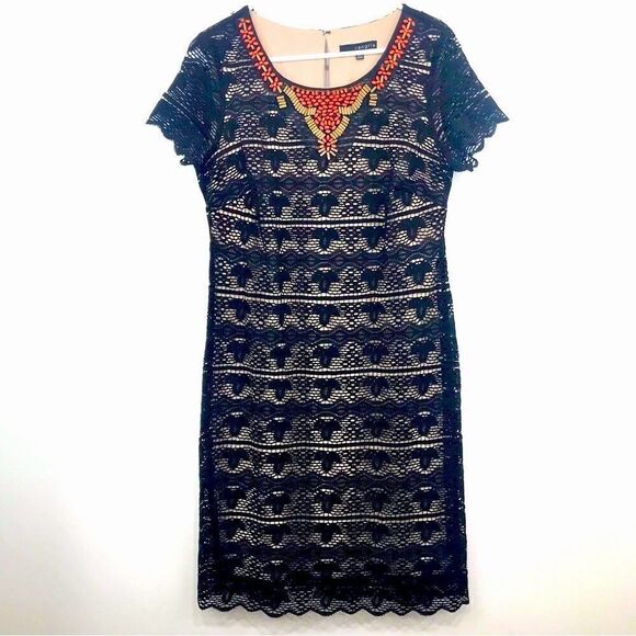 Sangria Black Lace Overlay Beaded Short Sleeve Sheath Dress - Picture 1 of 16